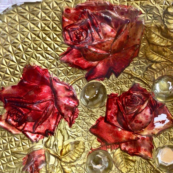 Vintage Goofus Glass Reverse Painted Gold with Red Roses Footed Glass Bowl - Picture 2 of 7